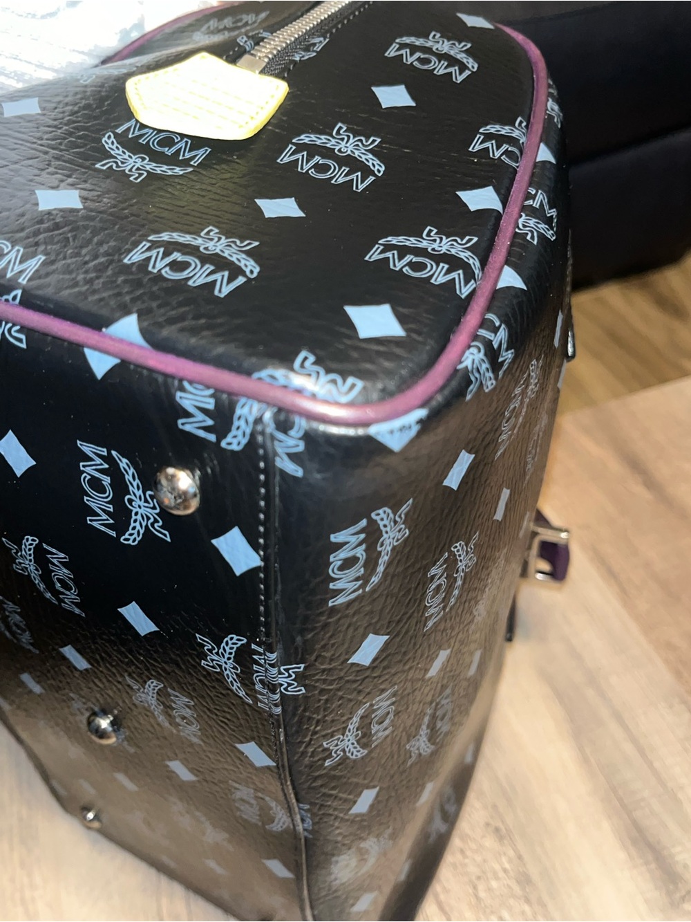 MCM Black monogram Leather Satchel with Purple Handles and Multicolor Patches - Picture 6 of 11
